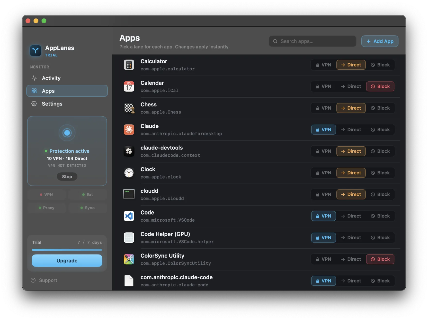 AppLanes Apps view on macOS: per-app VPN routing rules with VPN, Direct, and Block lanes
